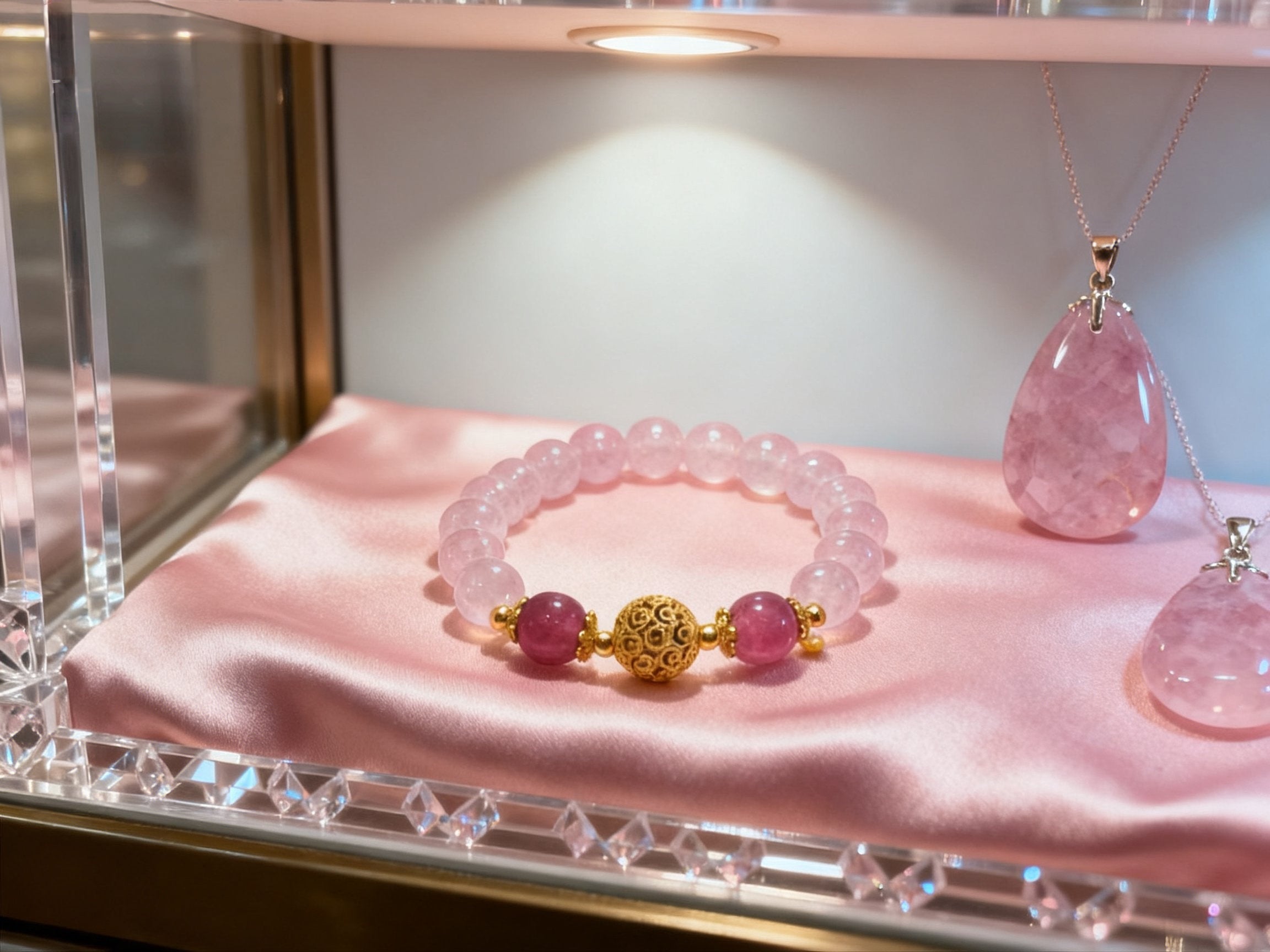 Pink Rose Quartz Bracelet – Hydrangea Beaded Crystal Jewelry
