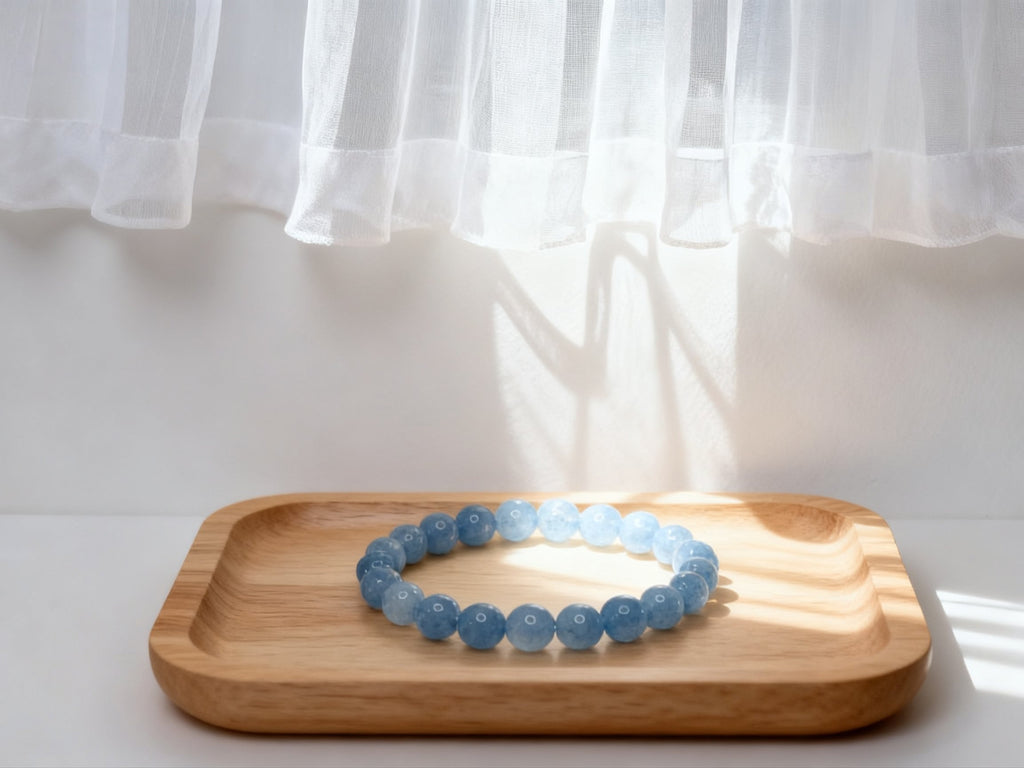 Blue Aquamarine Bracelet – Natural Milky Salt Gemstone 8mm