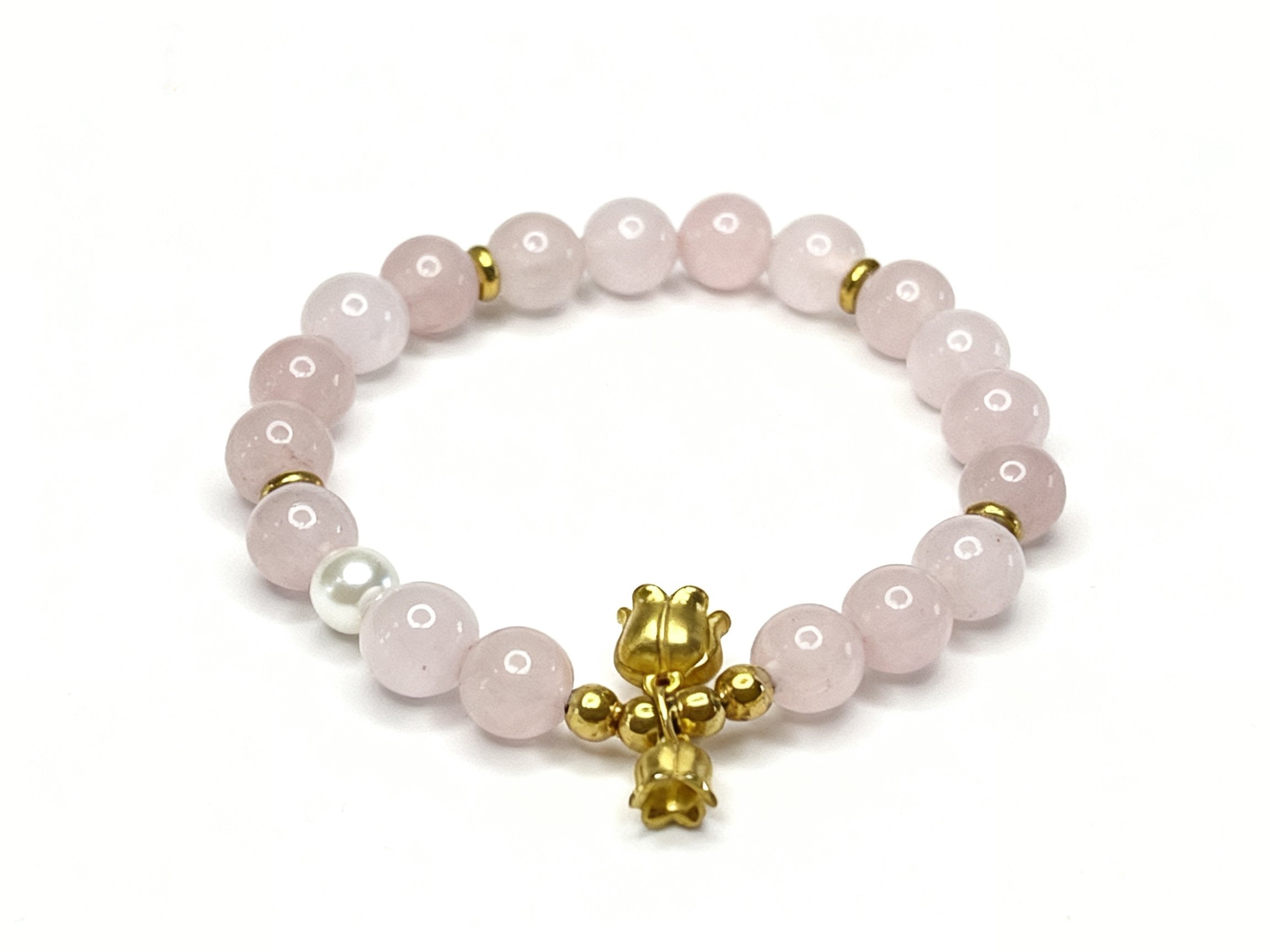 Pink Rose Quartz Bracelet – Lily of the Valley Flower Charm