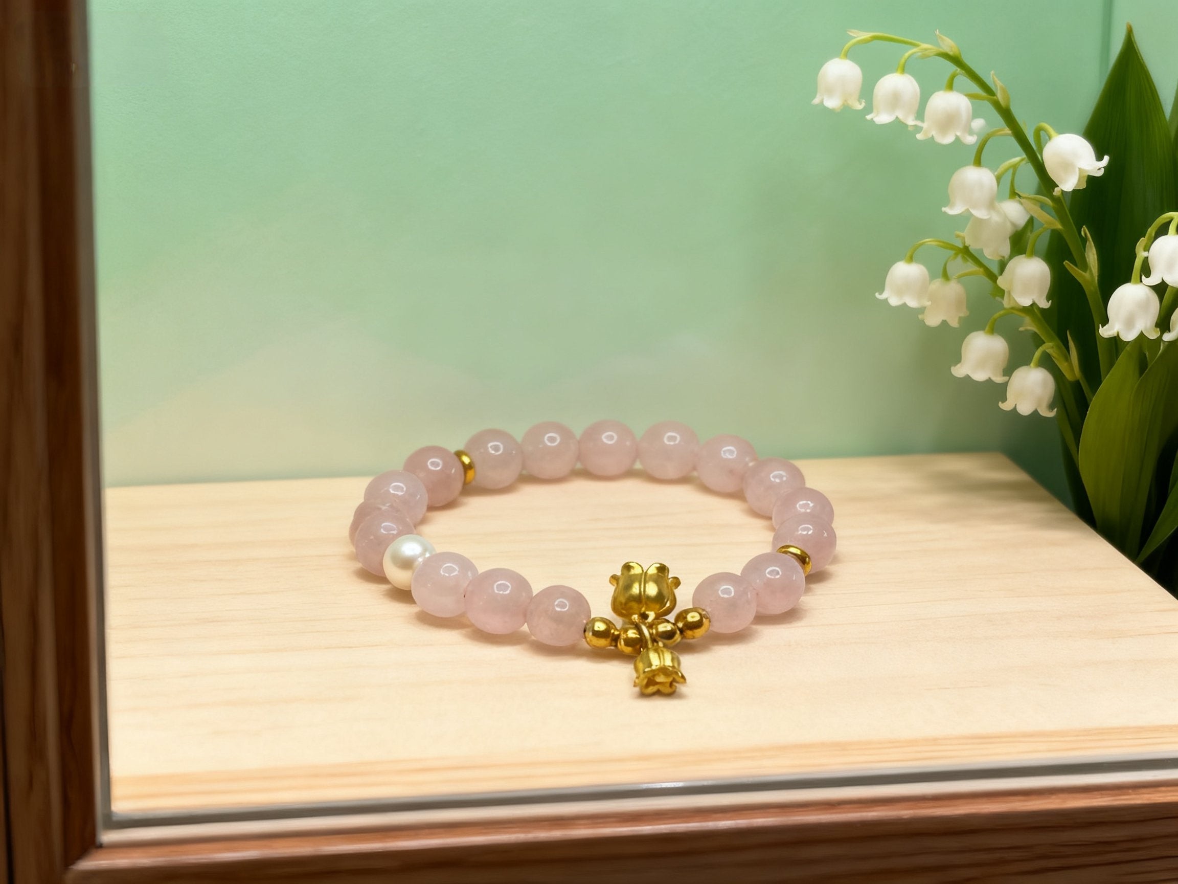 Pink Rose Quartz Bracelet – Lily of the Valley Flower Charm