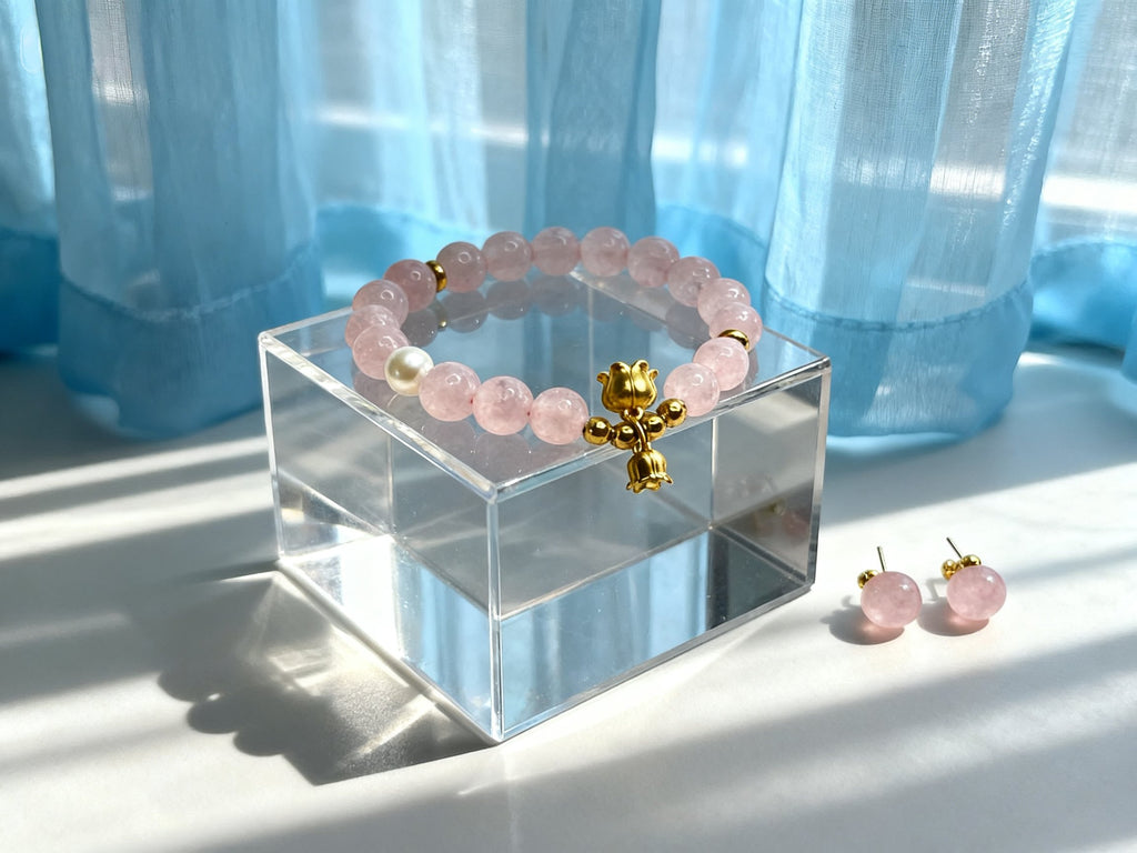 Pink Rose Quartz Bracelet – Lily of the Valley Flower Charm