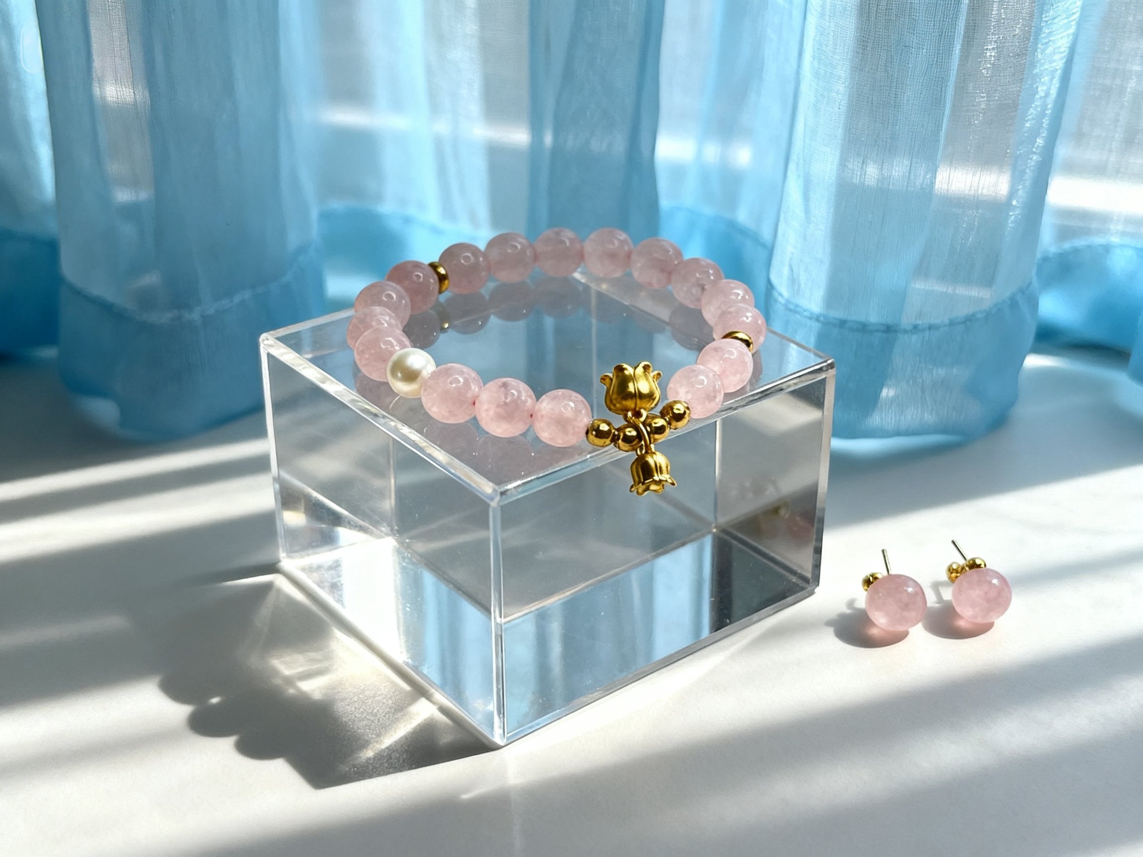 Pink Rose Quartz Bracelet – Lily of the Valley Flower Charm