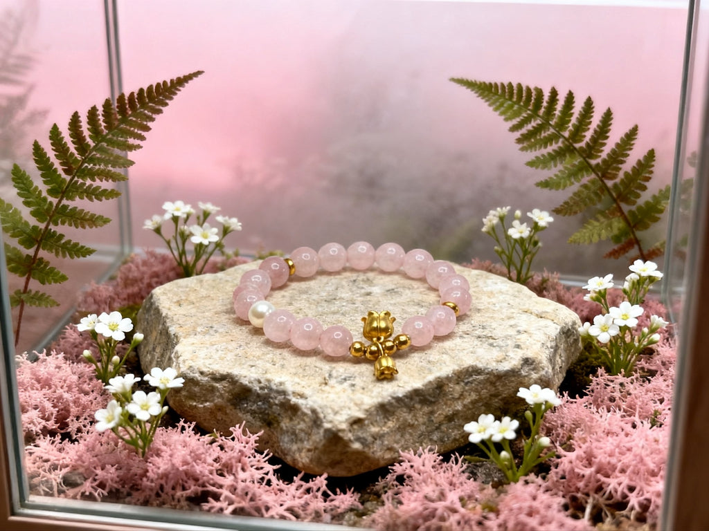 Pink Rose Quartz Bracelet – Lily of the Valley Flower Charm