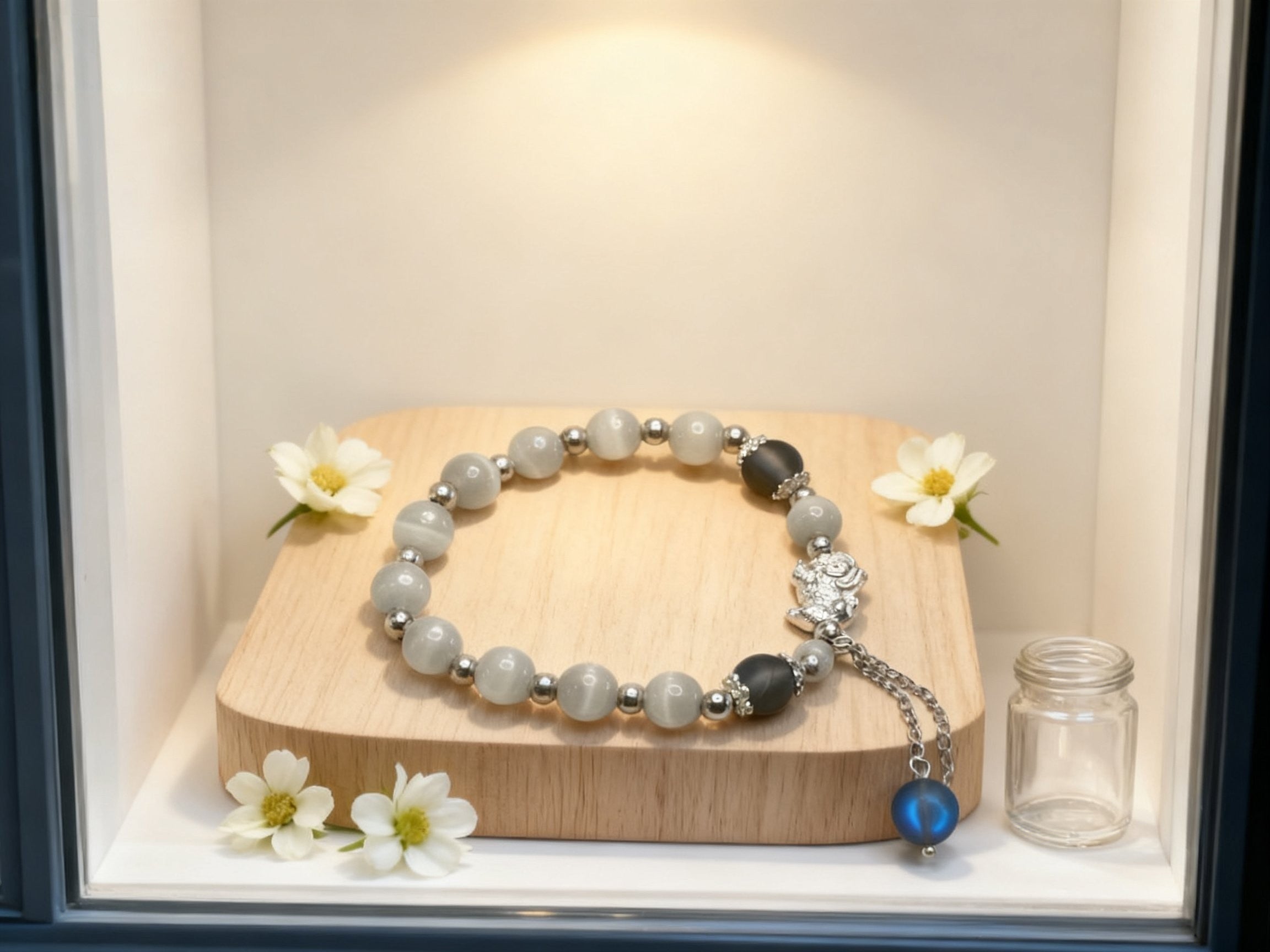 Gray Cat Eye Bracelet – Pixiu Silver Charm Beads