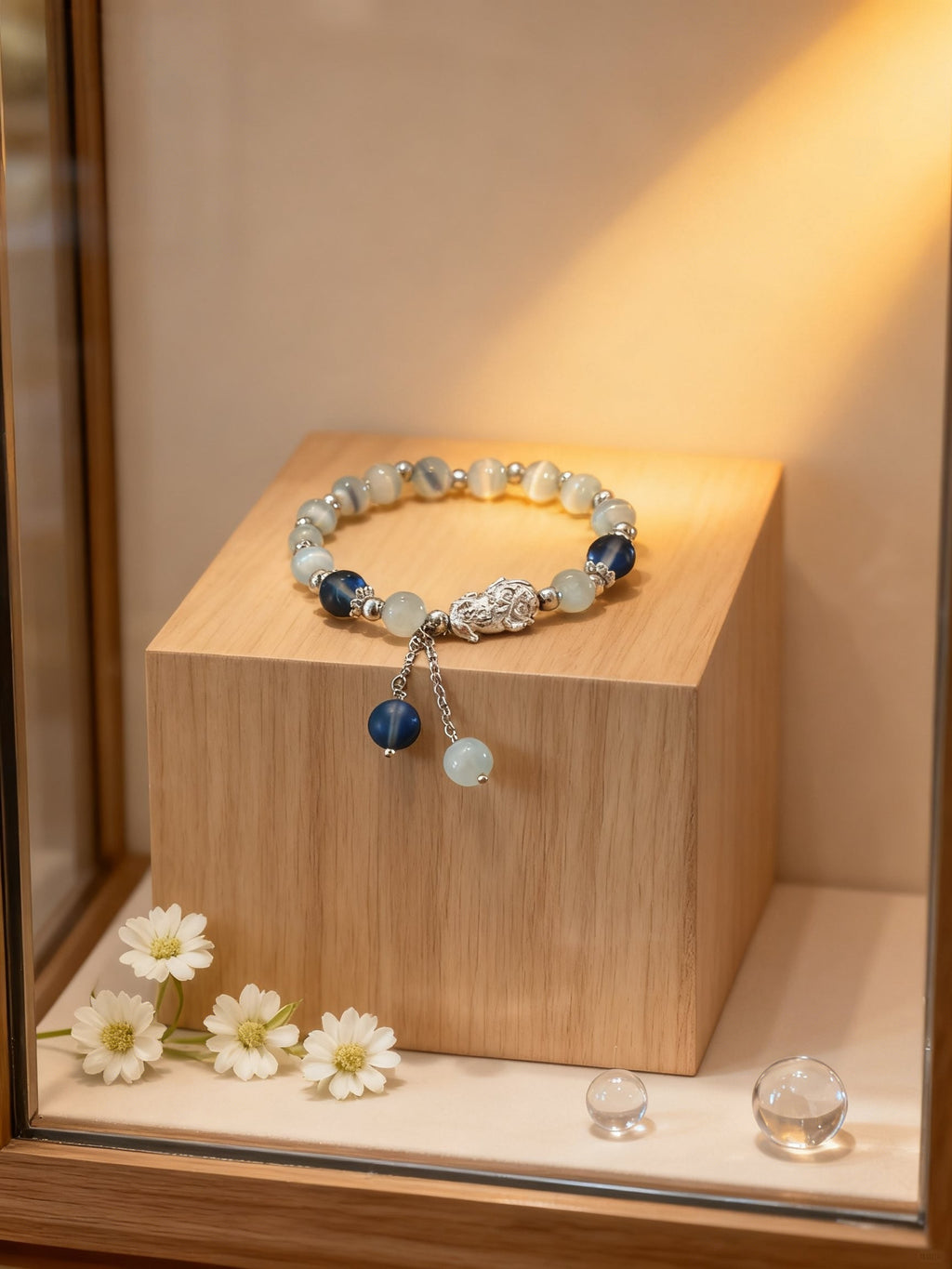 Gray Cat Eye Bracelet – Pixiu Silver Charm Beads