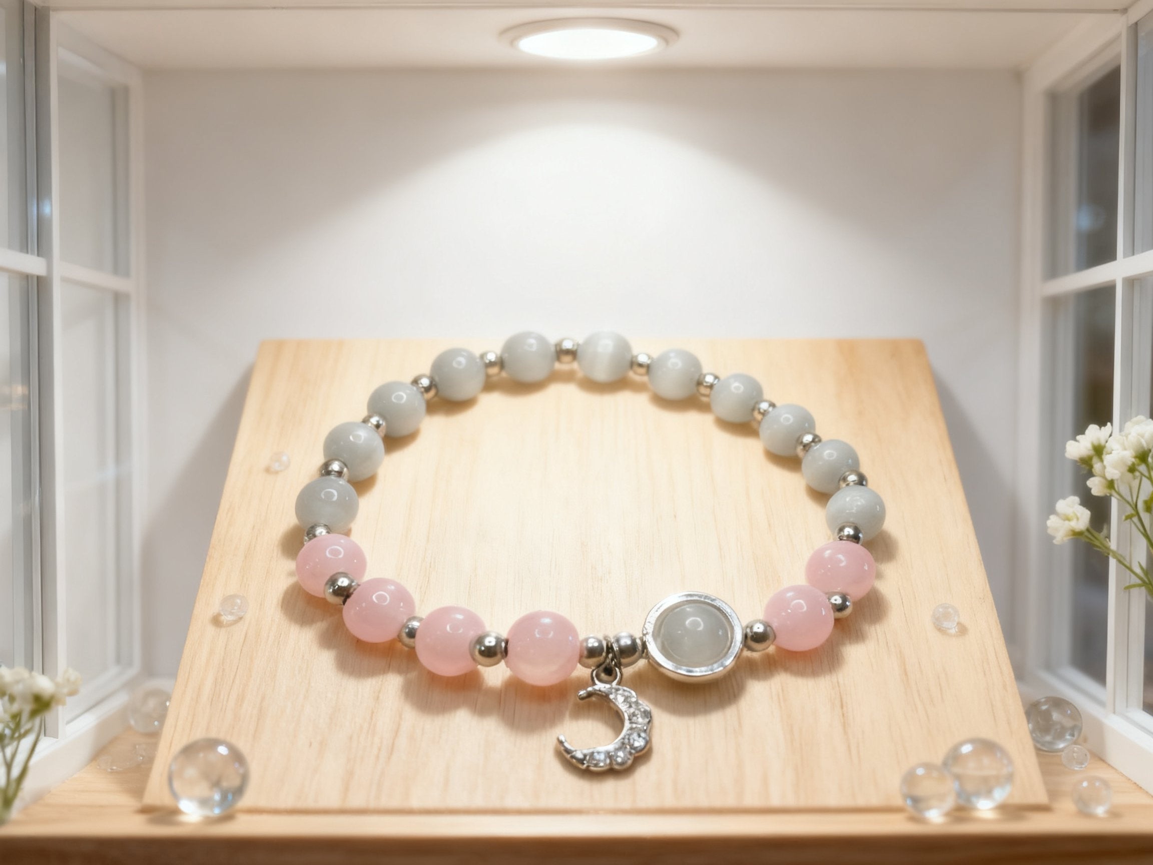 Colorful Rose Quartz Bracelet – Cat Eye Planet & Moon Design